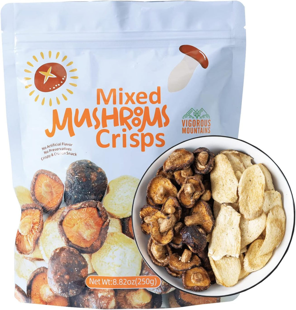 VIGOROUS MOUNTAINS Mushroom Chips Veggie Snacks, Dried Shiitake and King Oyster Good Salted Crisp Mix, Grocery Vegetable Snack Chip 8.82 Oz, 250 g