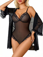 Avidlove Lingerie for Women Sexy Lace Bodysuit Robe Set 2 Piece Mesh Teddy Kimonos Sleepwear Boudoir Outfits S-XXL