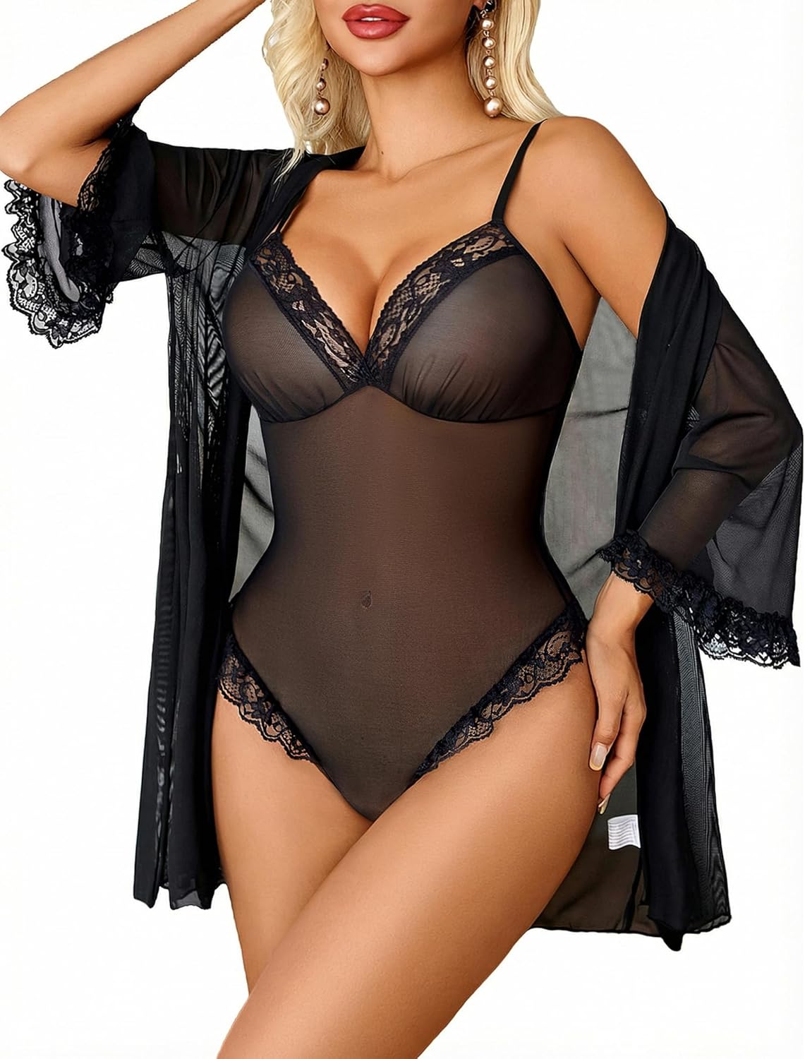 Avidlove Lingerie for Women Sexy Lace Bodysuit Robe Set 2 Piece Mesh Teddy Kimonos Sleepwear Boudoir Outfits S-XXL