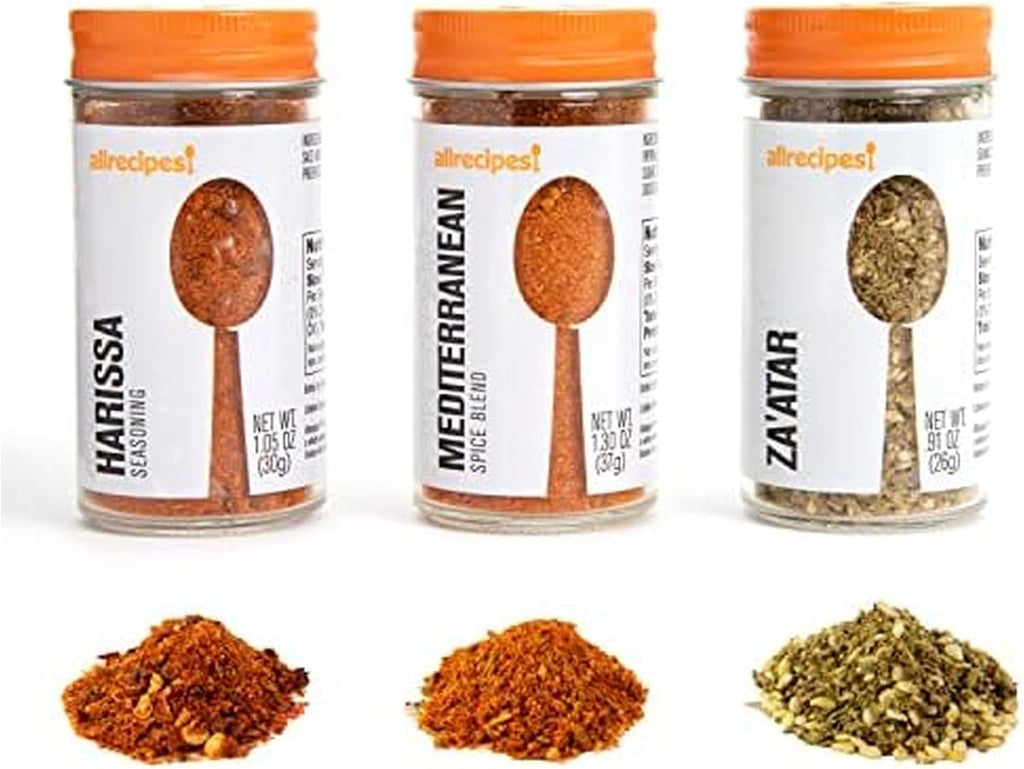 Allrecipes Taste of Morocco (Harissa, Mediterranean Blend, Za'atar) in Glass Jars with Removable Sifter Caps for Sprinkling, Set of 3, Clear, 9.63 x 6.13 x 2-Inch