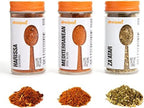 Allrecipes Taste of Morocco (Harissa, Mediterranean Blend, Za'atar) in Glass Jars with Removable Sifter Caps for Sprinkling, Set of 3, Clear, 9.63 x 6.13 x 2-Inch