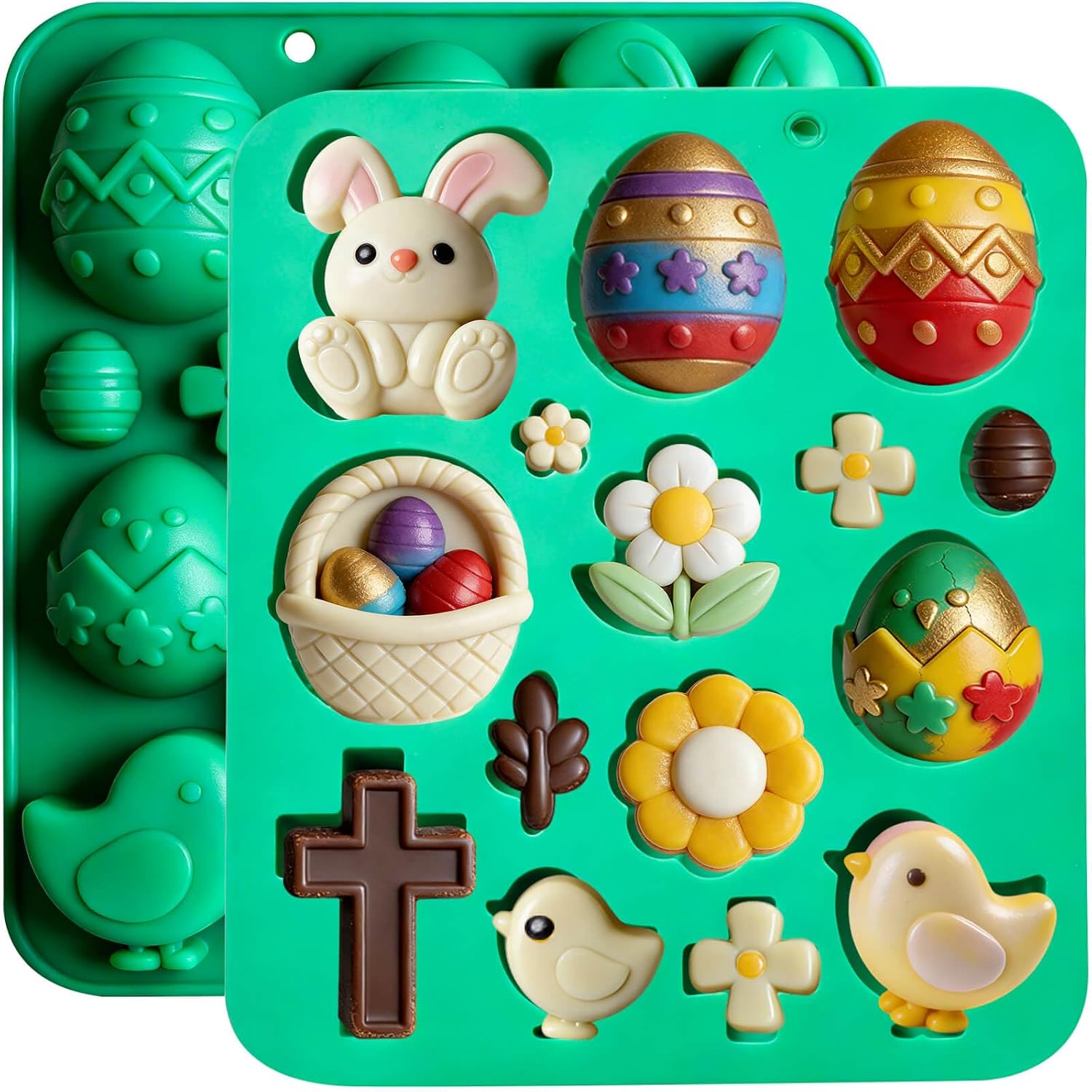 Easter Silicone Chocolate Molds 2-Pack, 30 Cavity Bunny Egg Flower Basket Baking Molds for Candy Cake Pop Rabbit Jello Cookie Ice Cube Resin Soap Candle Mould for Easter St Patrick's Day Spring Treats