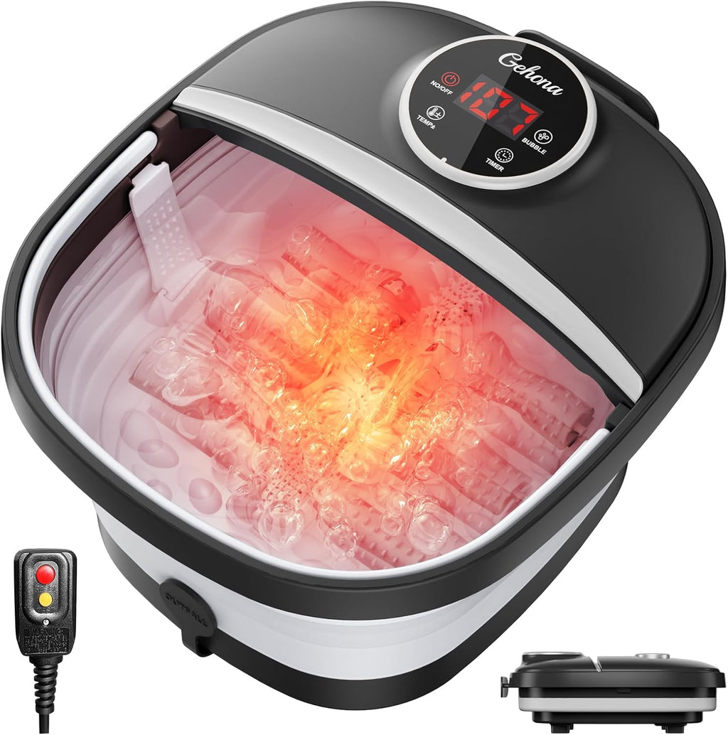 GEHONA Collapsible Foot Spa Bath with Heat,Foot Massager with Two Side Supports,Leakage Protector,Temperature Control,Bubbles,Red Light,Timer,Feet Spa Tub,Feet Soaker,Gifts (Black)