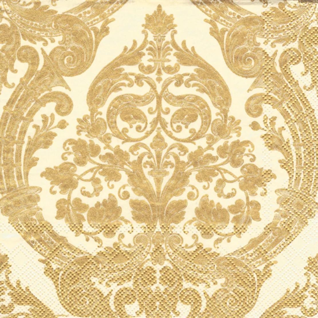 IHR Ideal Home Range Party Napkins Disposable 3-Ply Paper Lunch Napkin Pack, 6.5" x 6.5", Grandeur (Cream/Gold), 20-Count