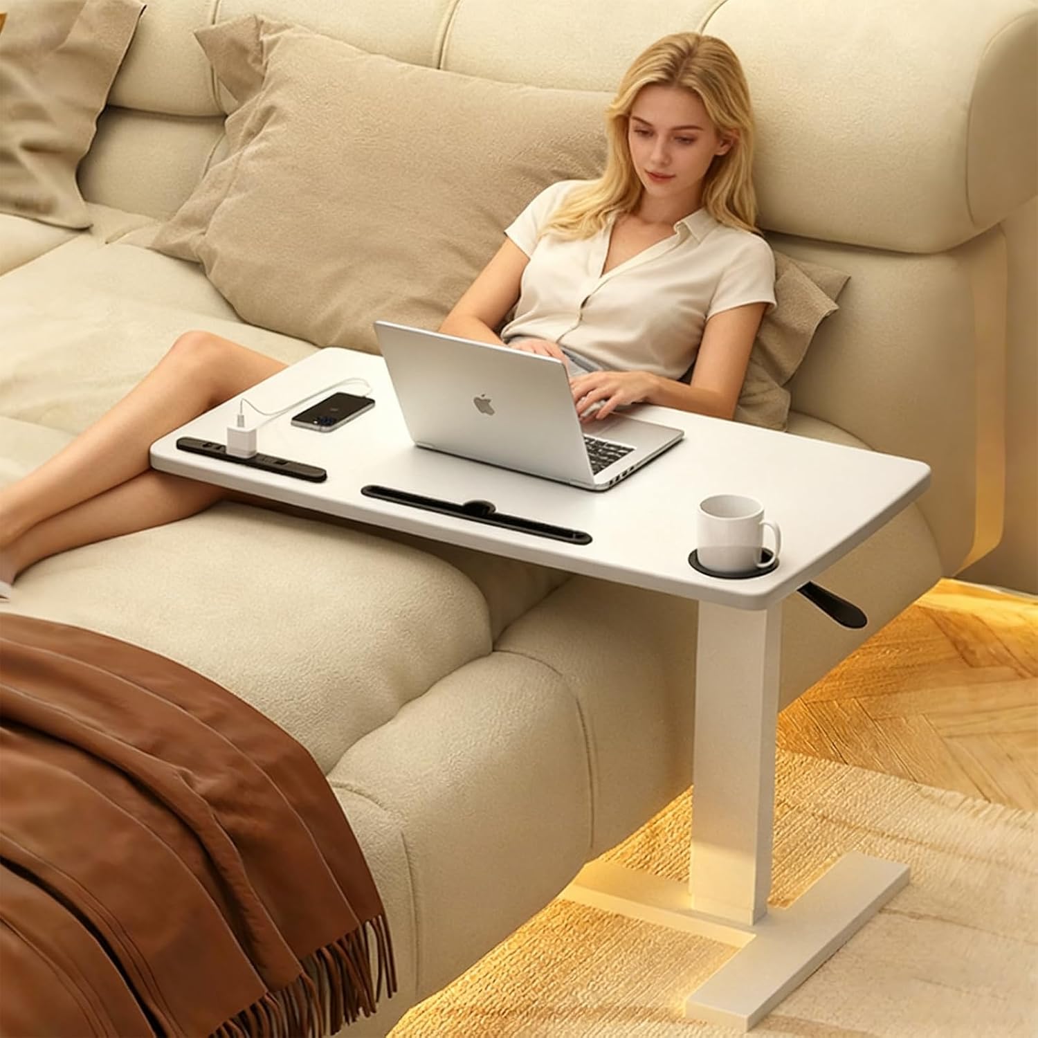 BeGyoku Overbed Table,Hospital Bed Table,Pneumatic Bedside Table Adjustable Over The Bed with Hidden Wheels&USB,Mobile Laptop Cart&Rolling Tray Table Hospital Home Use-White1