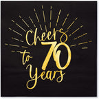 WRAPAHOLIC 50Pcs 70th Birthday Napkins - 3-Ply Disposable Paper Cocktail Napkin, Black and Gold Foil Cheers to 70 Years - 5 x 5 In