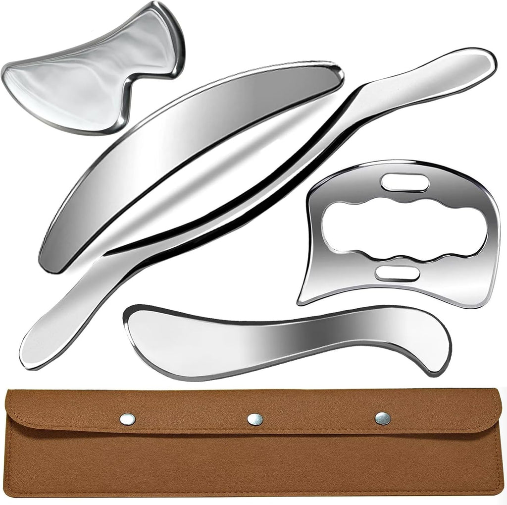 5 in 1 Stainless Steel Muscle Scraper Gua Sha Massage Tool Set, Scraping Tool Physical Therapy with Storage Case, Soft Tissue and Myofascial Release