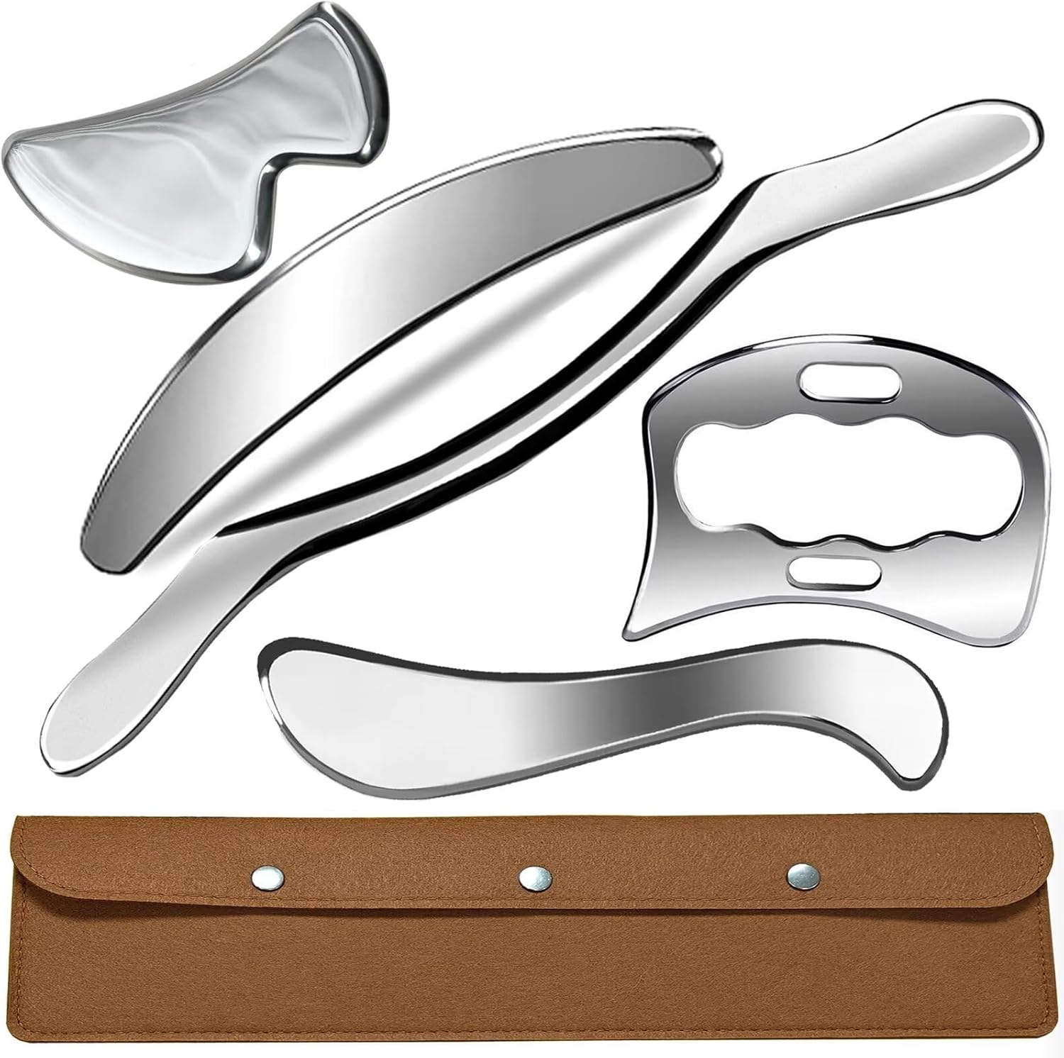 5 in 1 Stainless Steel Muscle Scraper Gua Sha Massage Tool Set, Scraping Tool Physical Therapy with Storage Case, Soft Tissue and Myofascial Release