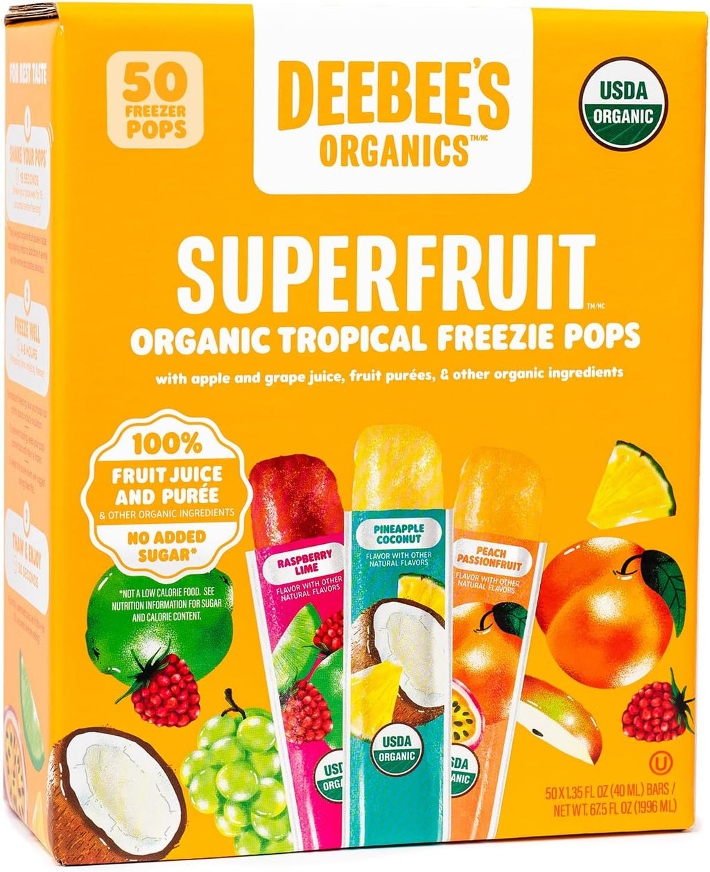 DeeBee's Organics Tropical SuperFruit Freezie Pops, No Added Sugars, No Artificial Flavors or Colors (Pack of 50)