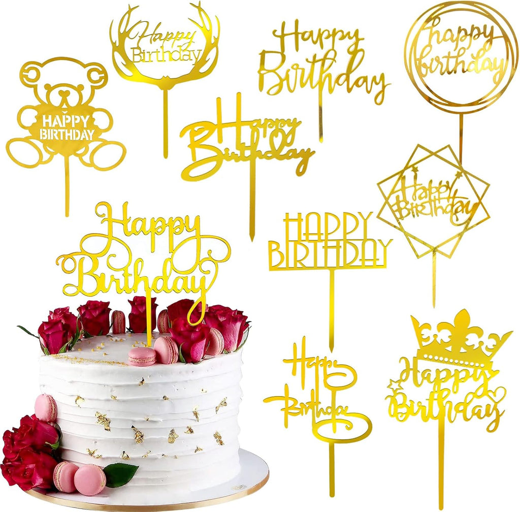 Happy Birthday Cake Topper, 20PCS Gold Acrylic Happy Birthday Sign Cupcake Toppers Set for Boys Girls Women Men Birthday Party Decorations Supplies