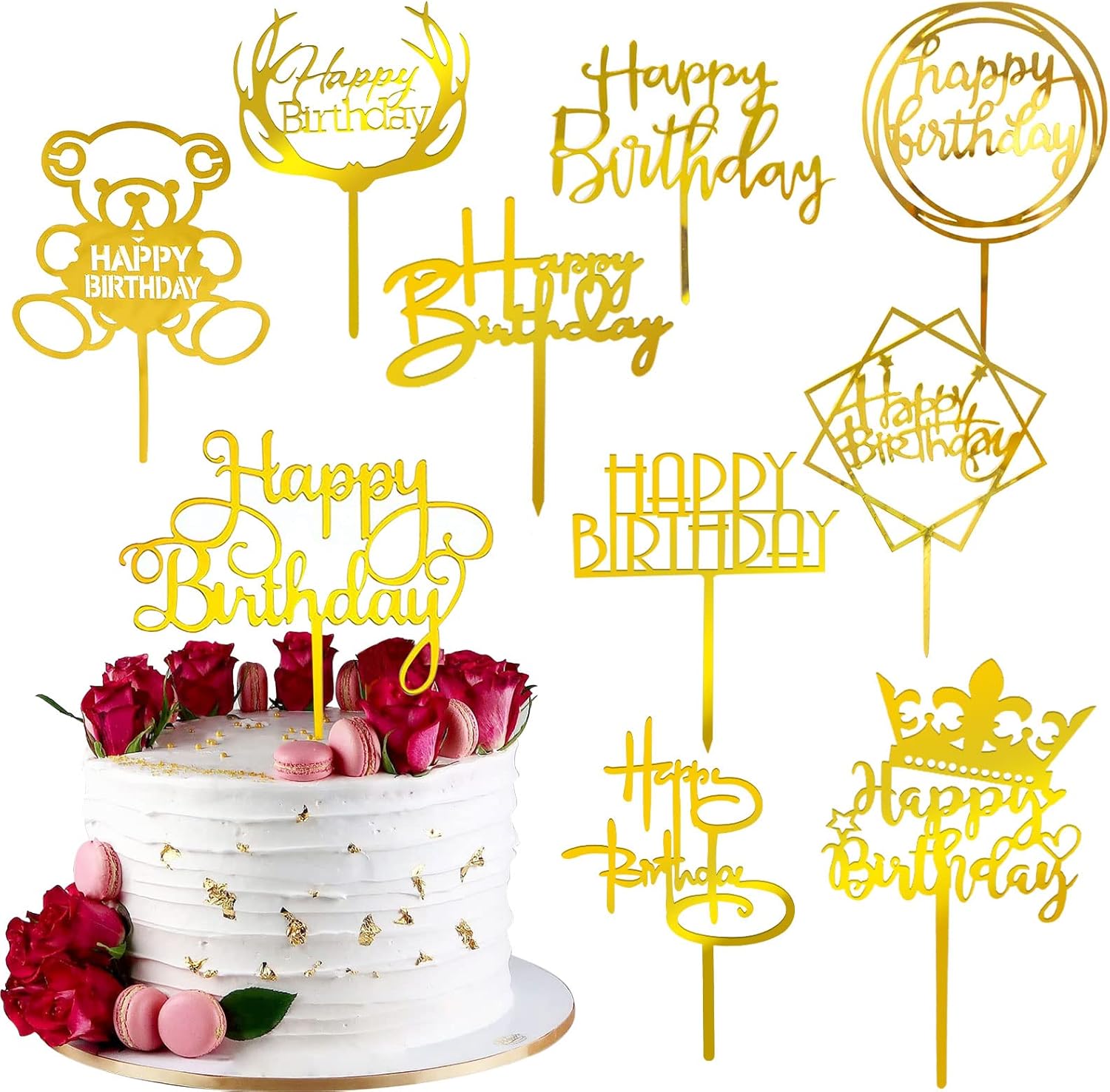 Happy Birthday Cake Topper, 20PCS Gold Acrylic Happy Birthday Sign Cupcake Toppers Set for Boys Girls Women Men Birthday Party Decorations Supplies