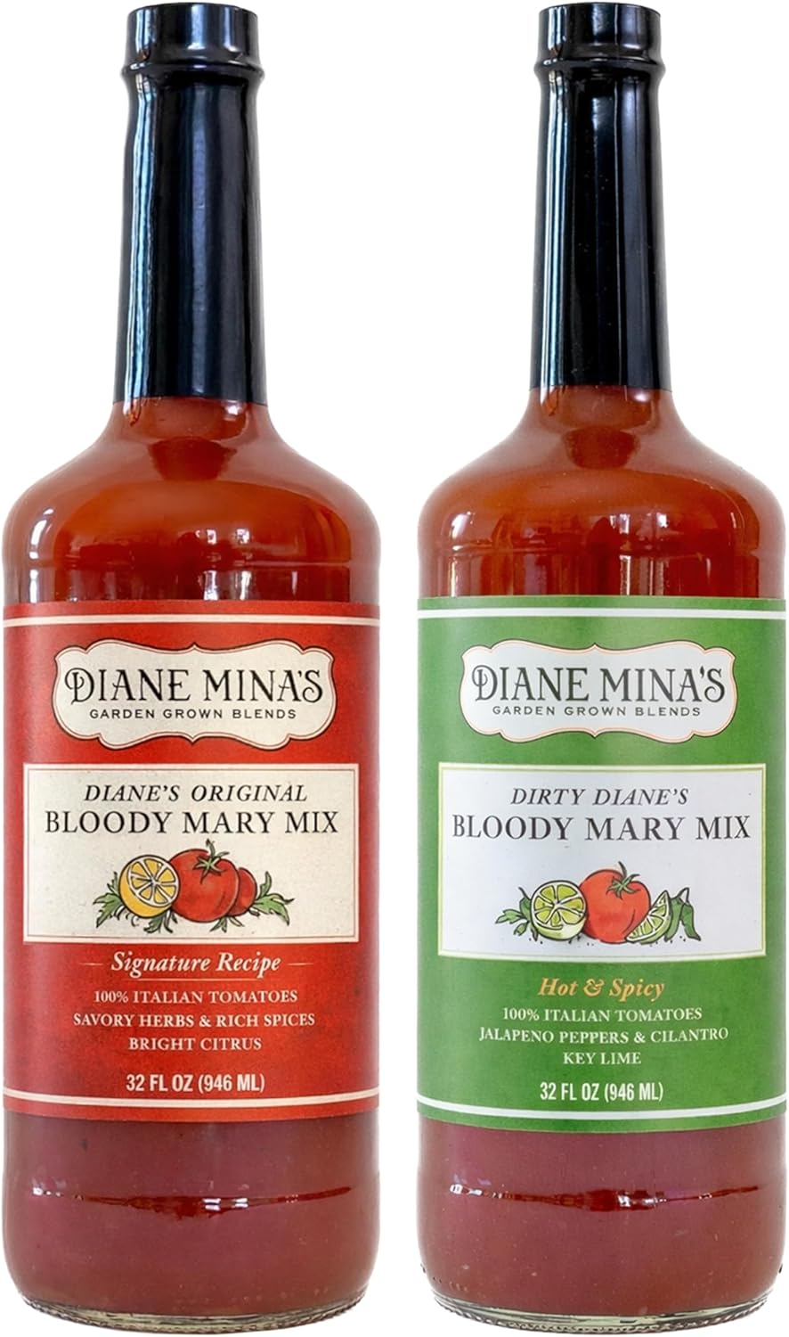 Diane Mina - Diane’s Bloody Mary Sister Pack (2-Pack) | Original & Dirty Mixes | Crafted with Authentic Ingredients | Naturally Low in Sodium, No Sugar Added, Ready to Drink (32 fl oz each)