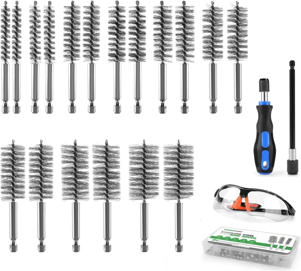 21PCS Bore Brush Set for Drill, Stainless Steel Round Wire Brushes, 9 Sizes (5/16’’-1-1/8’’) with 1/4" Hex Shank, Handle, 10mm Extension Bar, Goggles, Engine and Pipe Cleaning Brush Kit