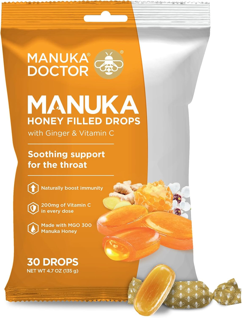 Manuka Doctor Cough Drops, Manuka Middles, 30 Drops (Pack of 1) Throat Lozenges Infused with Raw Manuka Honey, Vitamin C & Ginger for Immune Support, Helps Soothe Sore Throat