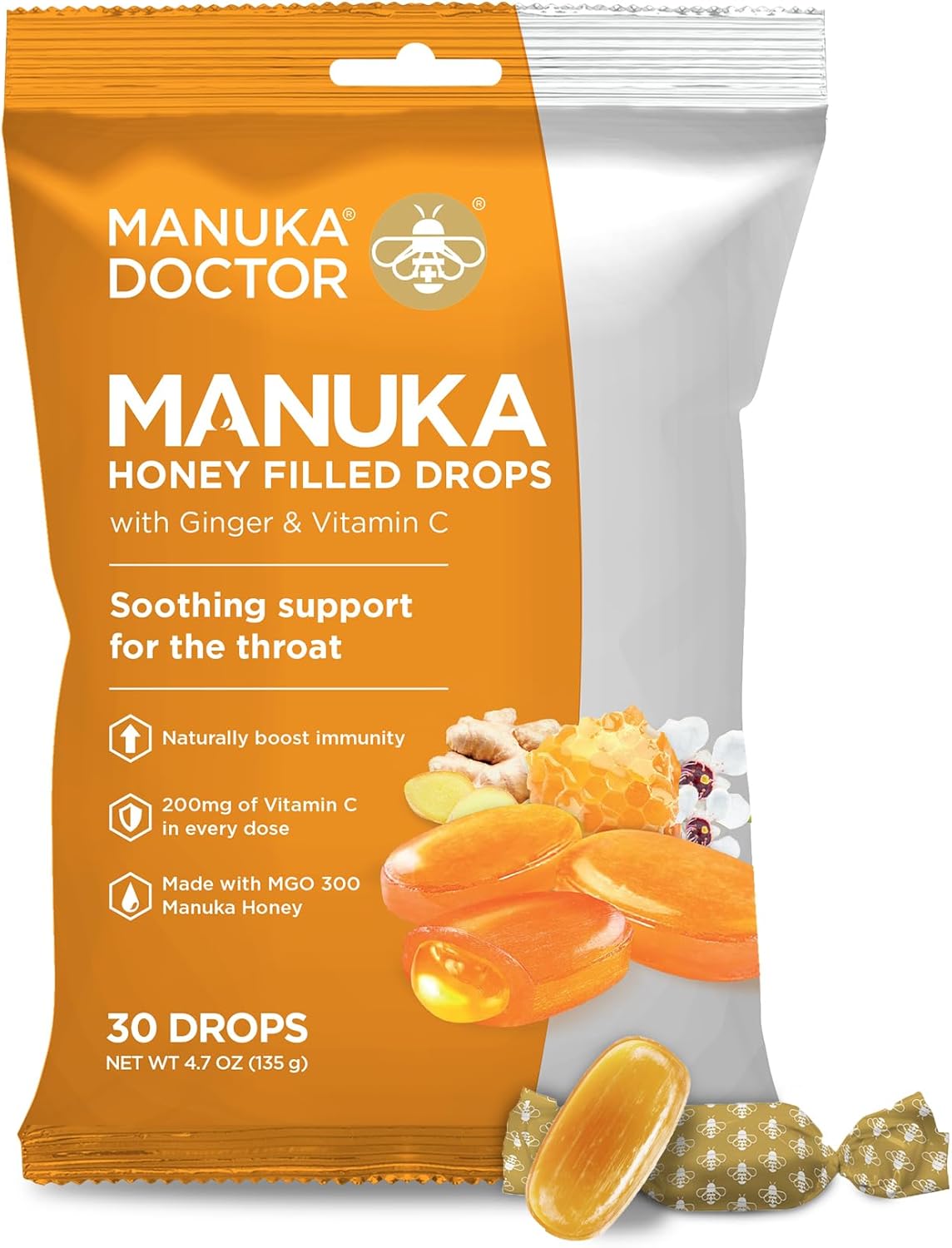 Manuka Doctor Cough Drops, Manuka Middles, 30 Drops (Pack of 1) Throat Lozenges Infused with Raw Manuka Honey, Vitamin C & Ginger for Immune Support, Helps Soothe Sore Throat