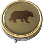 Brown Bear Silver Pill Box – Round 3-Compartment Metal Pill Organizer, Compact 2-Inch Travel Pill Case for Pocket or Purse