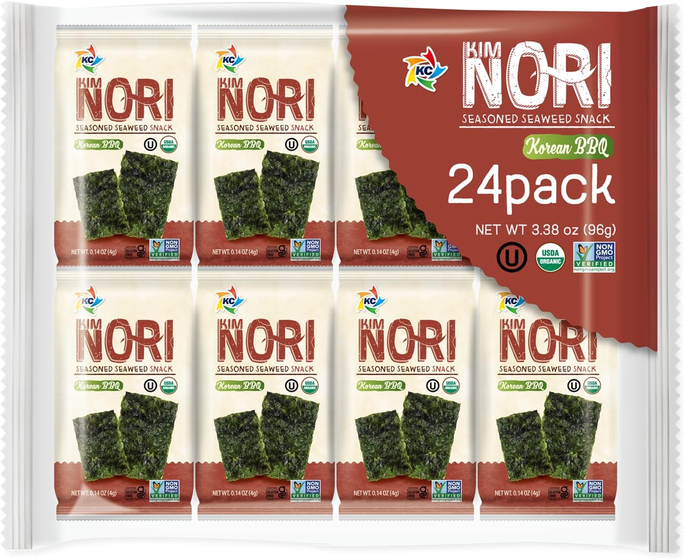 KIMNORI Premium Organic Seaweed Snacks – Crispy Korean BBQ (KBBQ) Laver, Keto, Vegan & Low Calorie Superfood, 24 Pack Family Size (4g/0.14 Ounce)