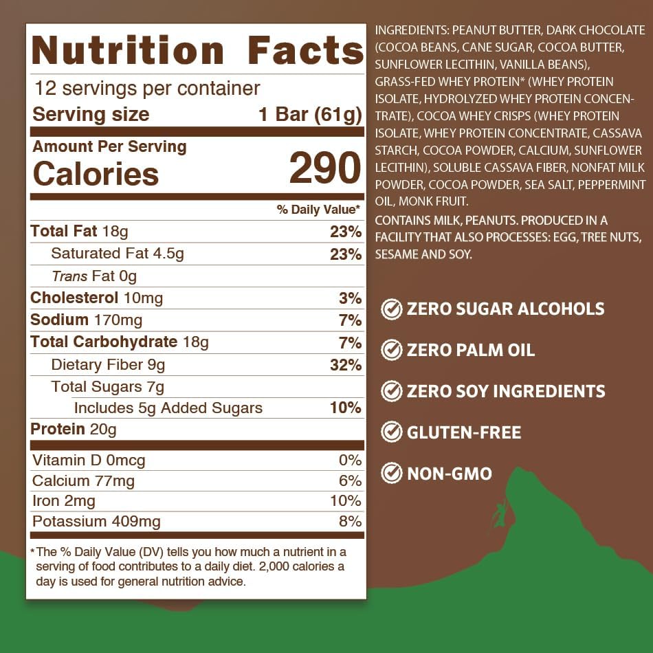 PEAK PROTEIN BARS - Dark Chocolate Mint - Natural - Grass-Fed Whey - 20G Protein - Non GMO - Gluten Free - Real Dark Chocolate (12 Pack)