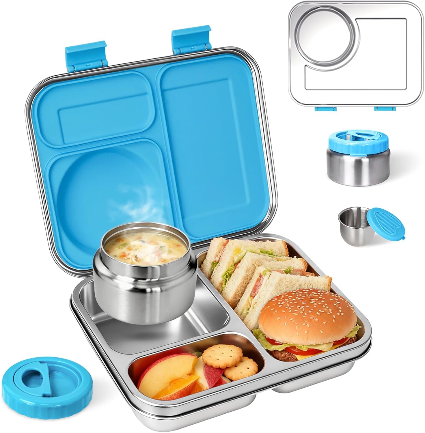 Stainless Steel Bento Lunch Box：7+ Older Kids，Teens ＆ Adult with Insulated Food Jar,Leakproof 3-Compartment,BPA-Free, Eco-Friendly,Dishwasher Safe, Large-Capacity Box, School,Office,Travel （Blue)