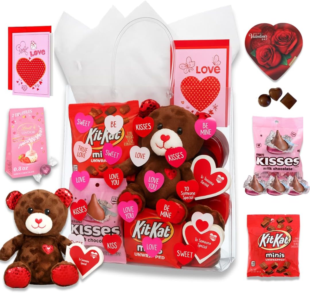 Valentine’s Day Package with Teddy Bear & Chocolate – Romantic Candy Gift Set for Her or Him, Valentine Day Gift Basket with Sweets, V-Day Heart Bag & Greeting Card Included