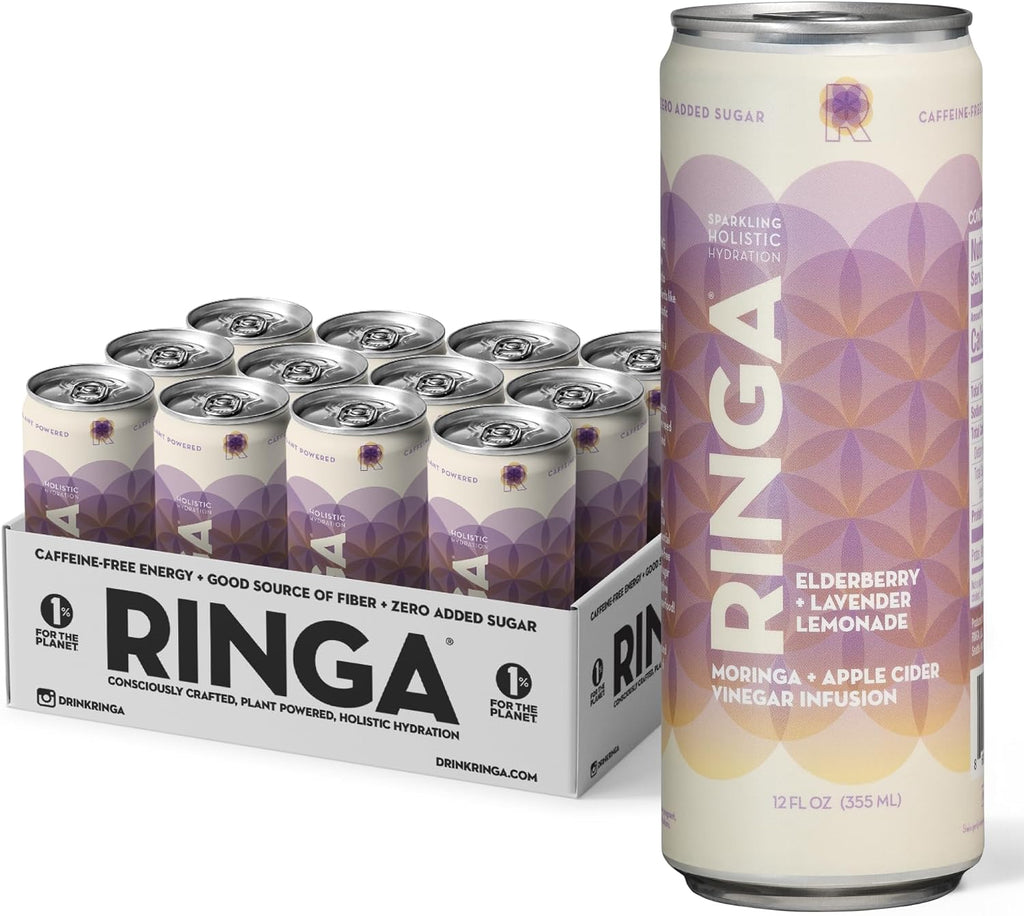 RINGA Elderberry Lavender Lemonade Sparkling Drink - Organic Moringa + Apple Cider Vinegar with 3g Prebiotic Fiber - No Added Sugar, No Natural Flavors - Gut Health & Immunity Support - 12oz Cans