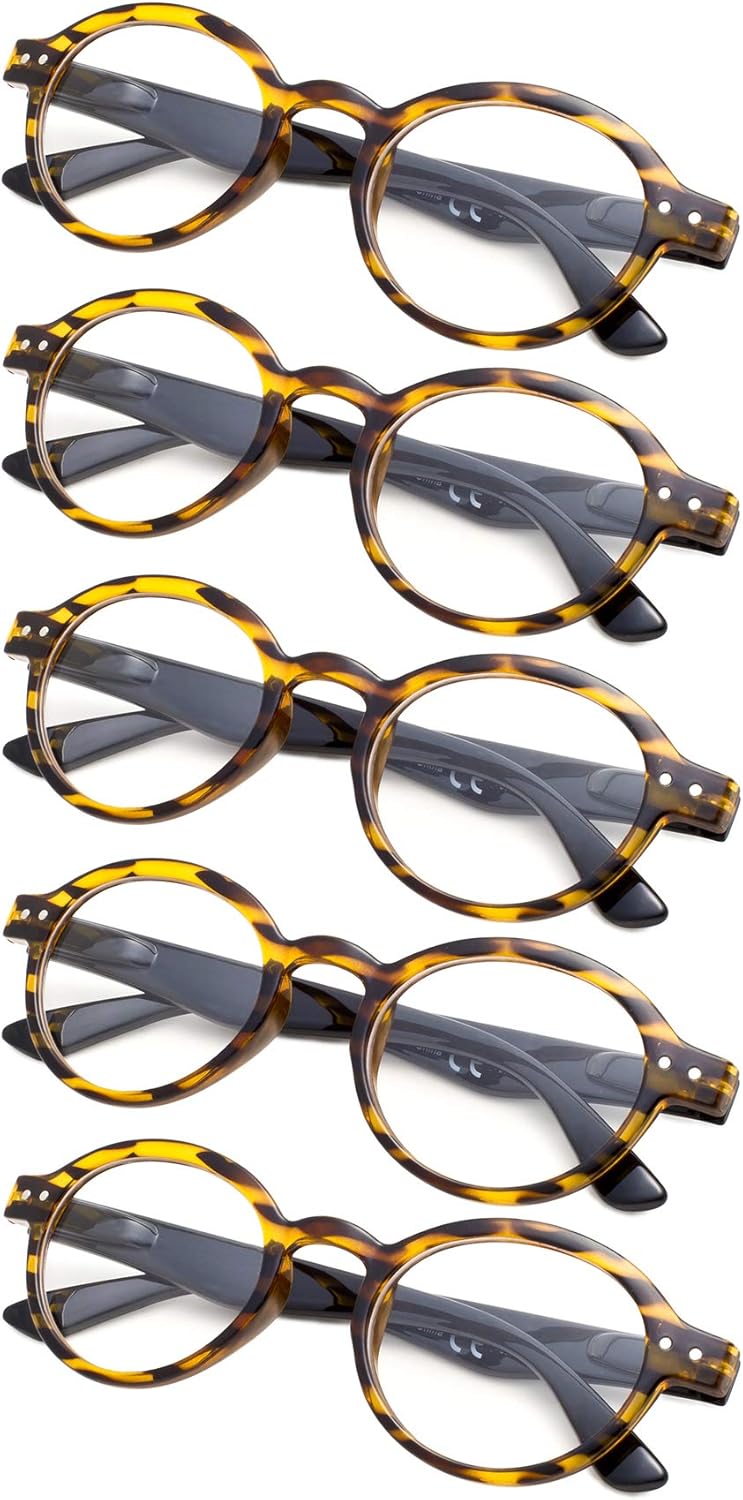 5-Pack Round Retro Reading Glasses with Spring Hinges Include Sunshine Readers
