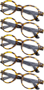 5-Pack Round Retro Reading Glasses with Spring Hinges Include Sunshine Readers