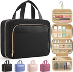 HOTOR Travel Toiletry Bag for Women & Men, Waterproof Makeup Bag with Hanging Hook and Multiple Pockets, Cosmetic Bags for Women, Travel Essentials, 11.2'' x 3.2'' x 8.9'', Black