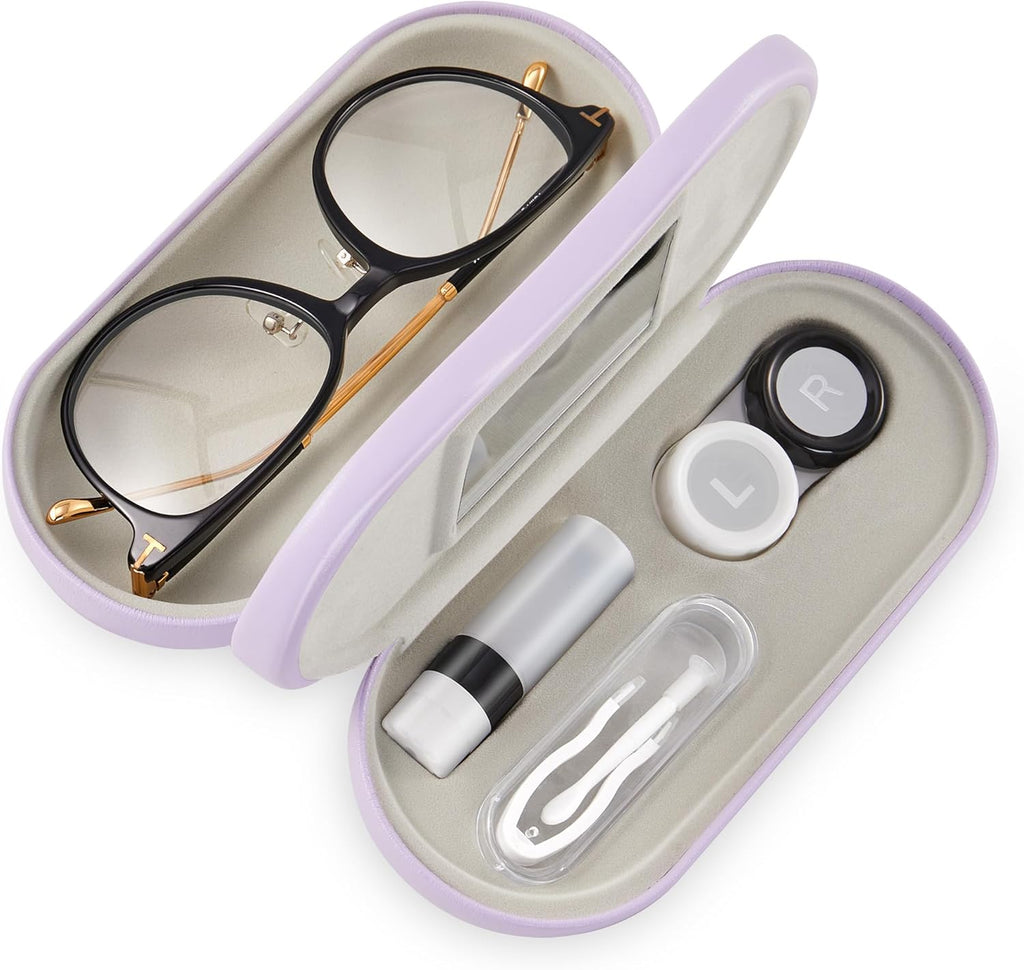 Muf 2 in 1 Contact Lens Case and Glasses Case, Double Sided Design with Mirror, Portable Travel Kit with Tweezer, Remover and Solution Bottle, Purple