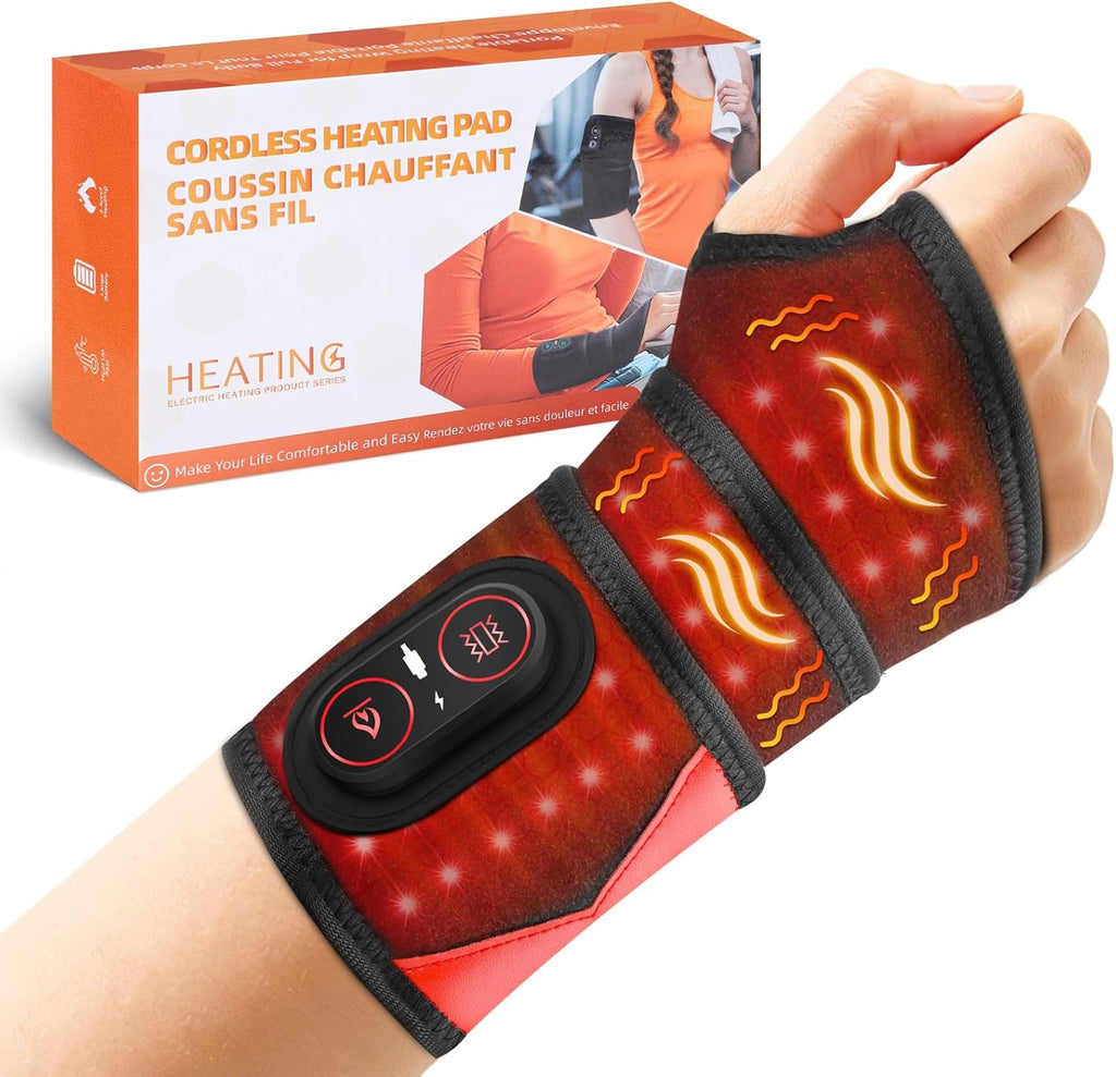 Cordless Wrist Heating Pad with Massage & Red Light, FSA - HSA Eligible Rechargeable Heated Wrist Brace Wrap for Carpal Tunnel, Arthritis, Wrist Massager for Pain Relief, 3 Heat & Vibration Modes