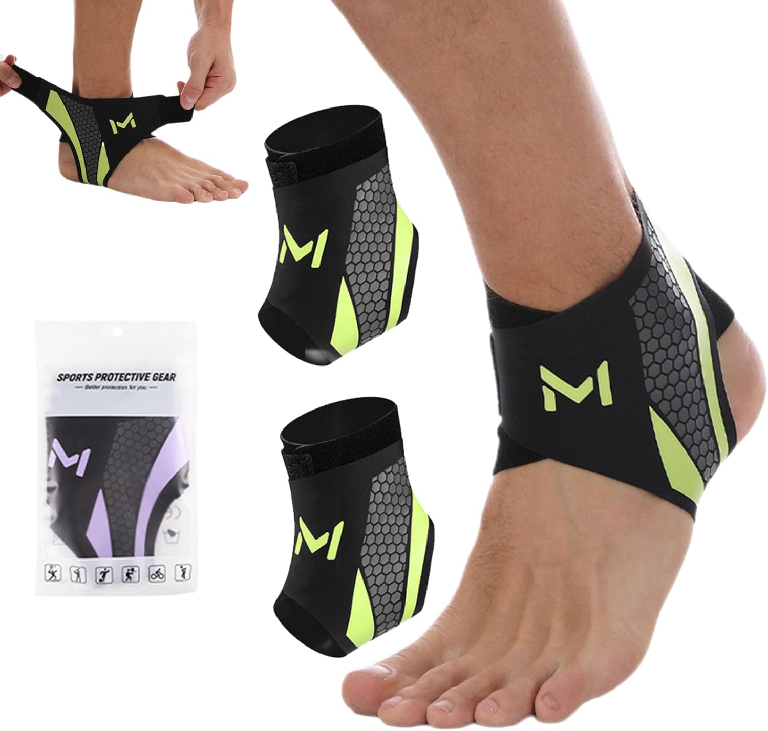 2Pcs-Pro Ankle Brace, Adjustable Stabilizer for Sprained Ankle Support, Breathable Low-Profile Brace to Prevent Rolling, Ideal for Basketball & Running (Green)