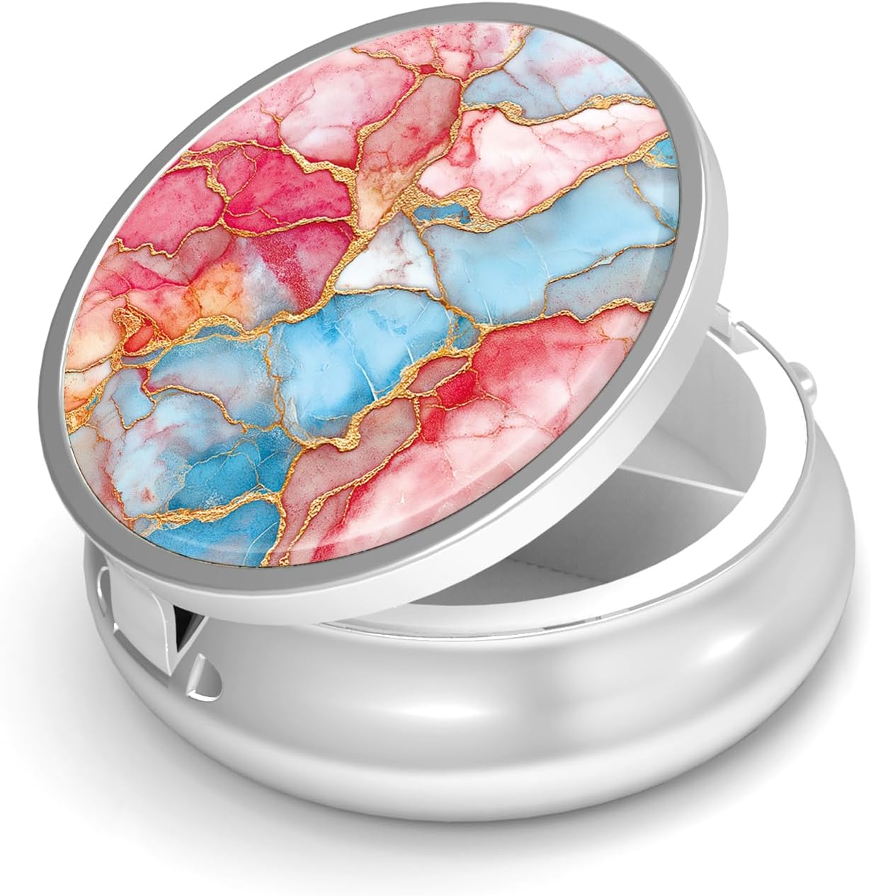 Pill Box-3 Compartment Small Pill Case for Purse & Pocket Mini Metal Pill Holder Travel Pill Container to Hold Supplements Vitamins BPA-Free (Pink Marble)