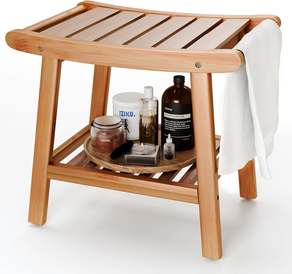 Bamboo Shower Bench for Inside Shower to Sit on,Waterproof Shower Stool for Shaving Legs,Spa Bathroom Shower Chair with Storage Shelf, Bathroom Bench Seat for Senior Adult Disabled Elderly