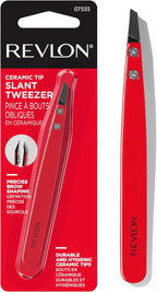 Revlon Ceramic Slanted Tip Tweezers, Precision For Eyebrow Shaping and Fine Hair Removal, Stainless Steel Body, Red, 1 Count