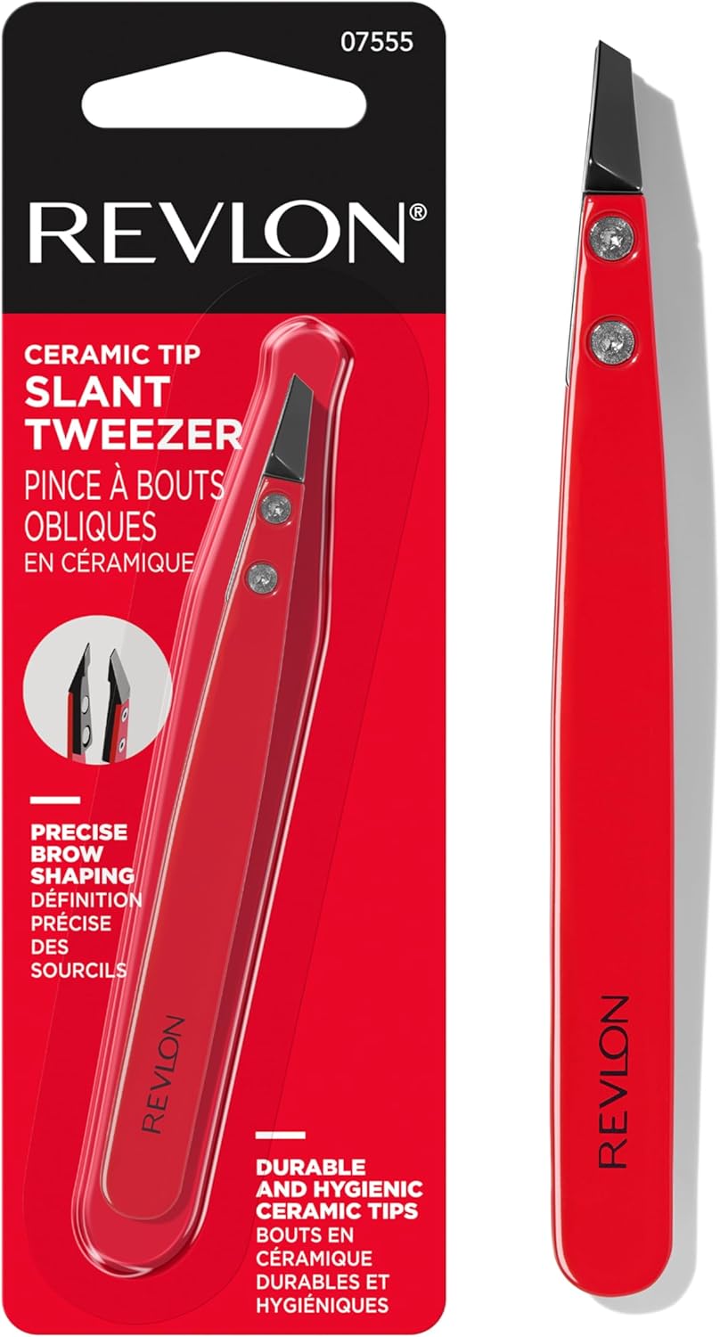 Revlon Ceramic Slanted Tip Tweezers, Precision For Eyebrow Shaping and Fine Hair Removal, Stainless Steel Body, Red, 1 Count
