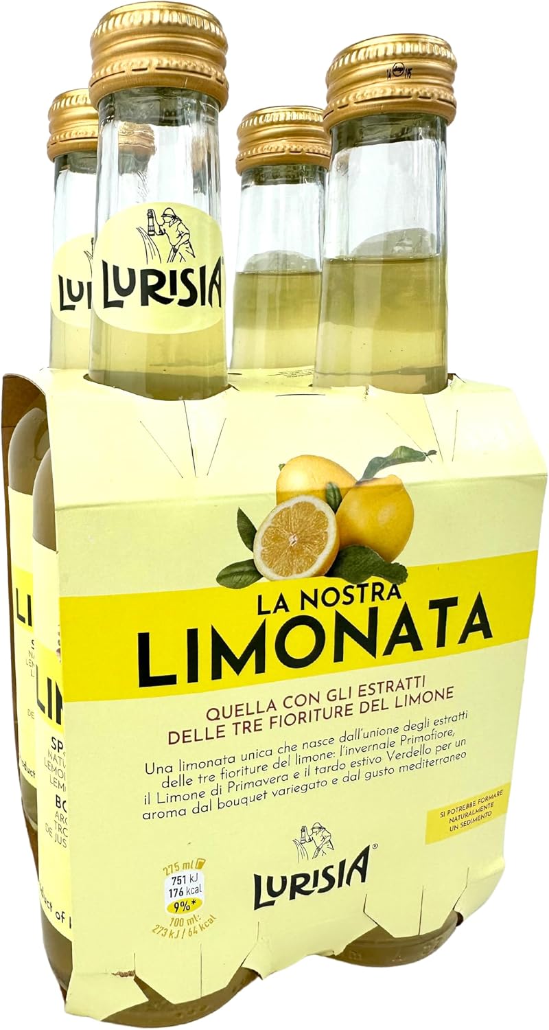 Lurisia Limonata Lemon Soda 4 x 9.3 Fl Oz (275ml) Italian Soda - Sparkling Lemonade Bottles - Citrus Lemon Soft Drink - Limonata from Italy - Carbonated Fruit Juice Beverage