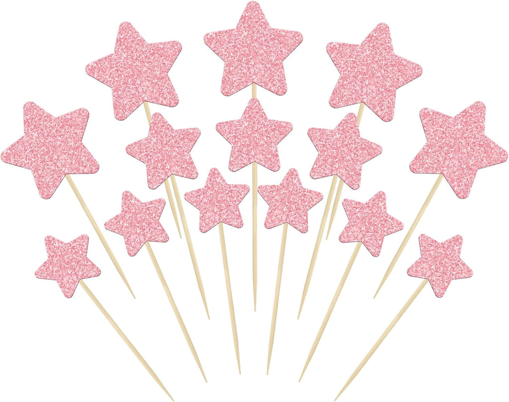 Gyufise 42Pcs Little Star Cupcake Toppers Pink Glitter Twinkle Star Cupcake Picks Wedding Engagement Bridal Shower Baby Shower Birthday Party Cake Decorations Supplies 3 Sizes