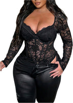 WDIRARA Women's Plus Size Lace Bodysuit Mesh Long Sleeve Sweetheart Neck Leotard Body Suit