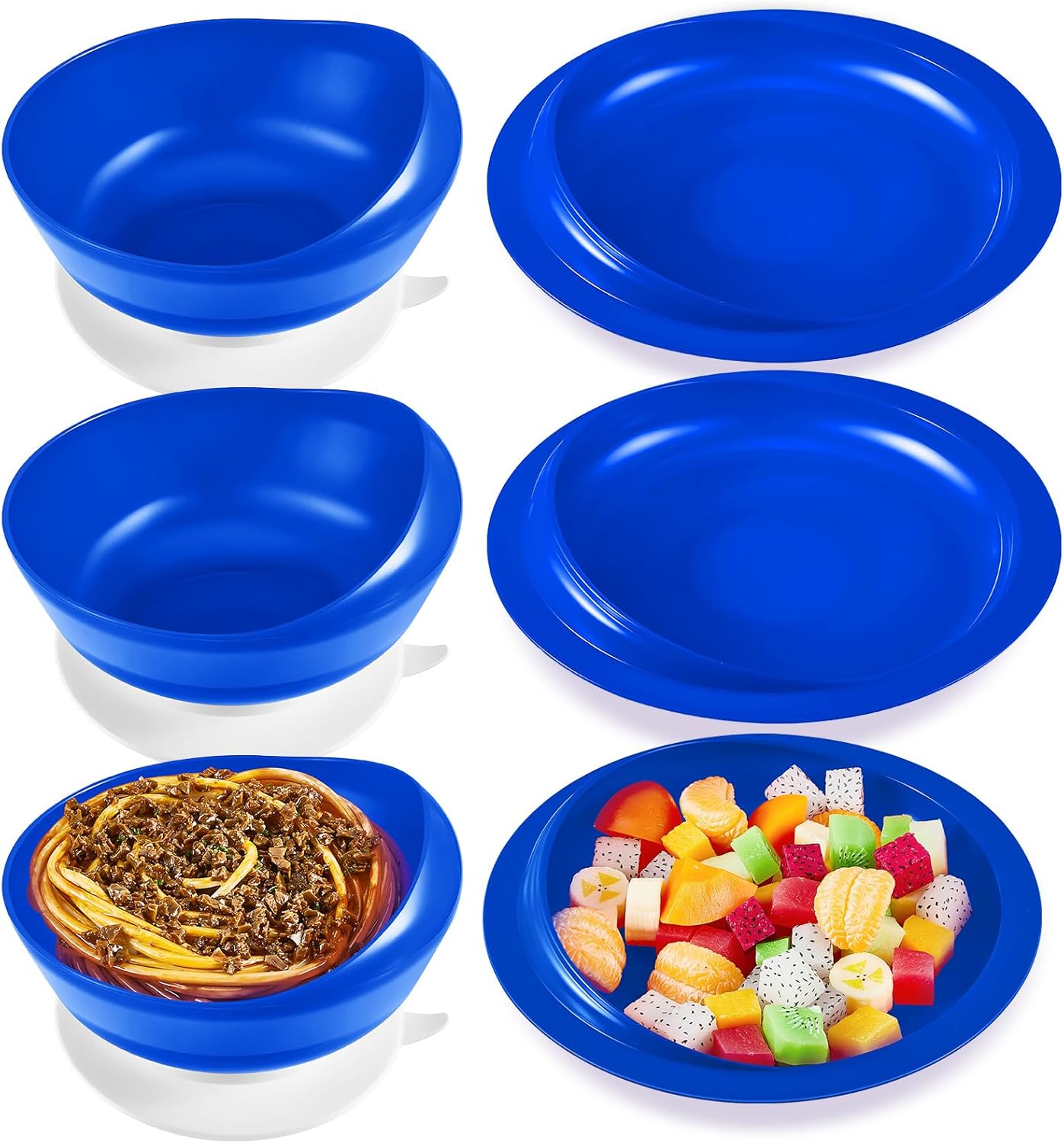 Hushee 3 Sets Adaptive Spill Proof Scoop Bowl and Plate Set with Suction Base Non Skid Self Feed Suction Dinnerware for Elderly Disabled Handicapped from Parkinsons Tremor (Blue)