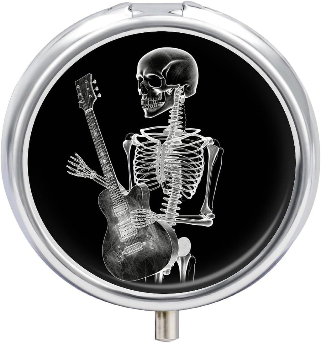 Metal Round Pill Box 3 Compartment, Cute Portable Travel Pill Organizer Small Abstract X-ray Skull Skeleton Playing Guitar Pill Case for Pocket Purse Pill Container Medicine Organizer Box Daily Vitami