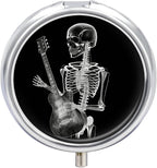 Metal Round Pill Box 3 Compartment, Cute Portable Travel Pill Organizer Small Abstract X-ray Skull Skeleton Playing Guitar Pill Case for Pocket Purse Pill Container Medicine Organizer Box Daily Vitami