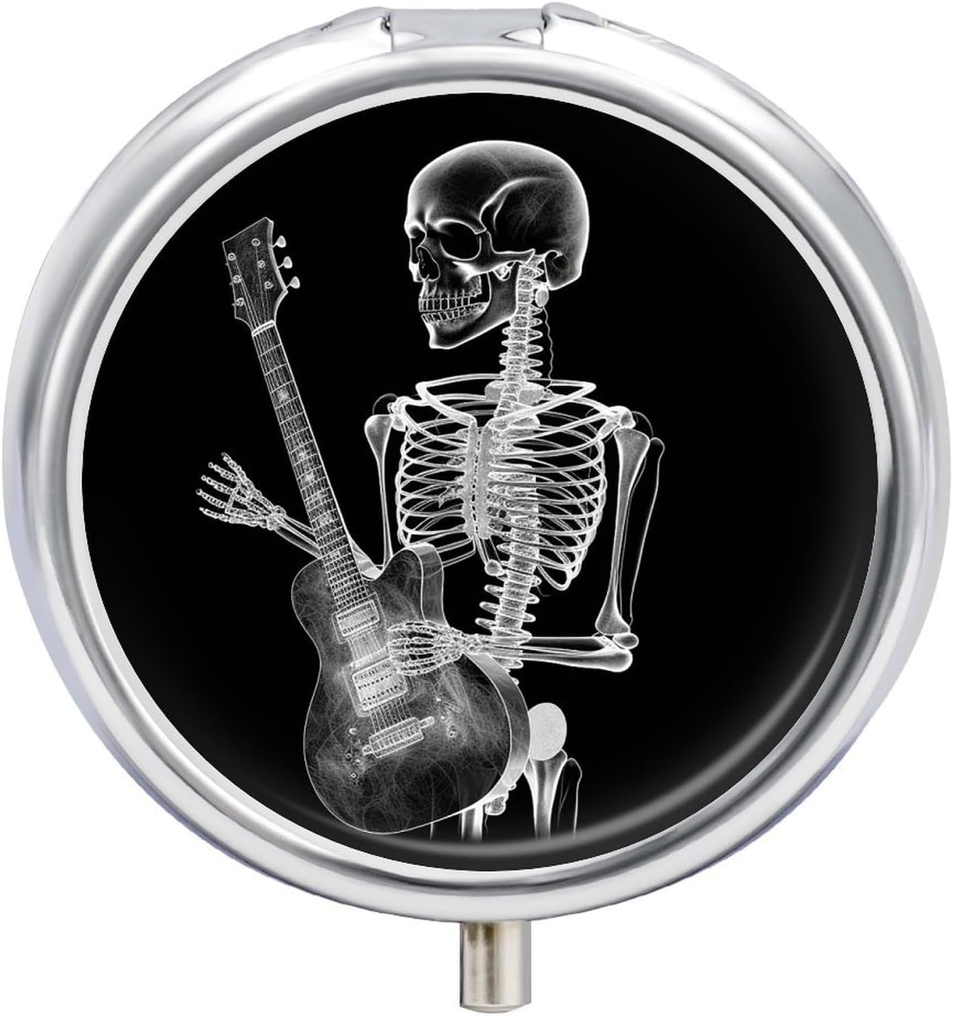 Metal Round Pill Box 3 Compartment, Cute Portable Travel Pill Organizer Small Abstract X-ray Skull Skeleton Playing Guitar Pill Case for Pocket Purse Pill Container Medicine Organizer Box Daily Vitami