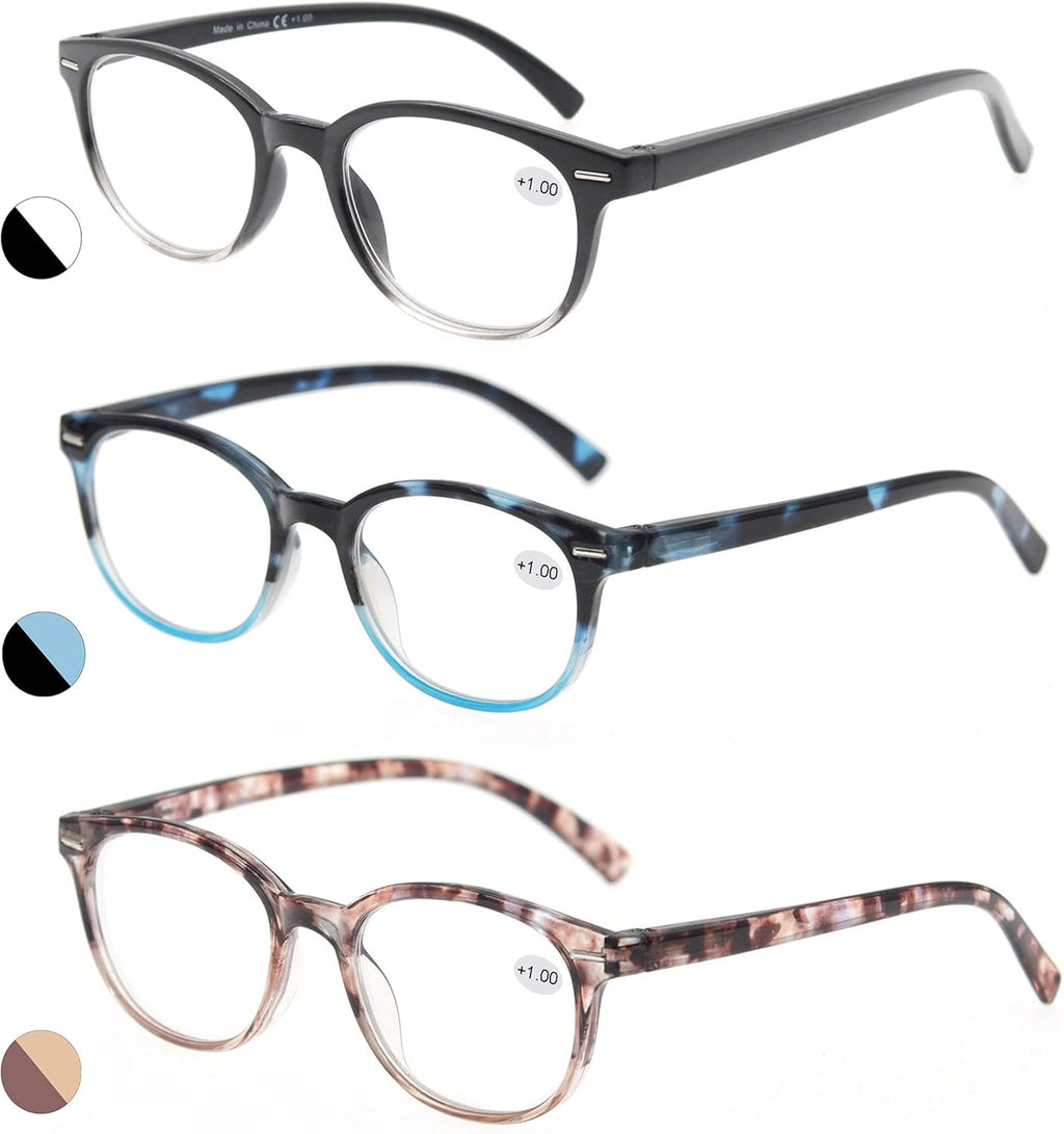 MODFANS Round Stylish Reading Glasses Pair with Spring Hinge Fashion Glasses for Reading for Men and Women (3 pack mix color, 0.5)