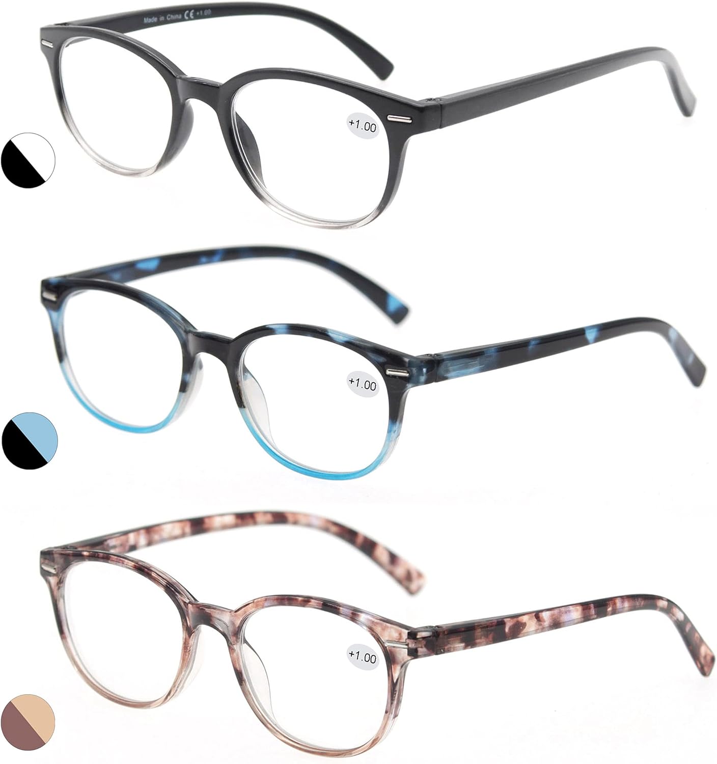 MODFANS Reading Glasses 2.75 Women 3 Pack Spring Hinge Fashion Round Stylish for Reading with Pouch