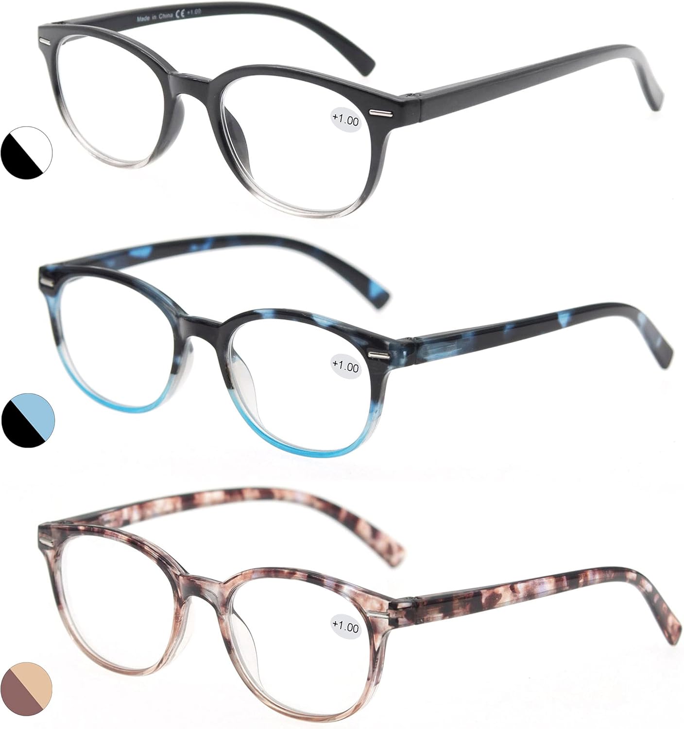 MODFANS Reading Glasses 1.0 Women 3 Pack Spring Hinge Fashion Round Stylish for Reading with Pouch
