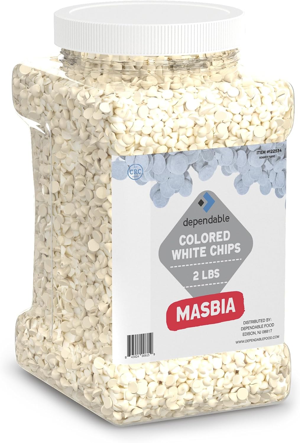 Dependable Food White Chocolate Chips – 2 Lb. Bulk Container -Kosher, White Morsels for Cake Decorating, Cupcakes, Desserts - Resealable Jar