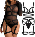 Women's Sexy Strappy Lingerie Set Hollow Out Harness Bra and Garter Belt Set Wide Straps Elastic Gothic Underwear Push-up Bras Bandage Suspenders + G-string Black