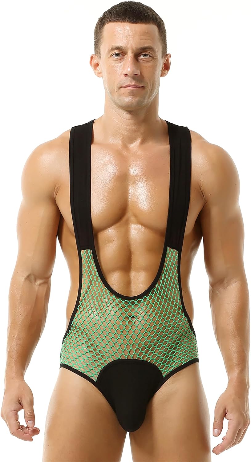 Mens Mesh Briefs Suspenders Singlet Bodysuit One Piece Leotard Wrestling Singlet Underwear