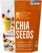 BetterBody Foods Chia Seeds 3 lbs, 48 Oz, with Omega-3, Non-GMO, Gluten Free, Keto Diet Friendly, Vegan, Good Source of Fiber, Add to Smoothies