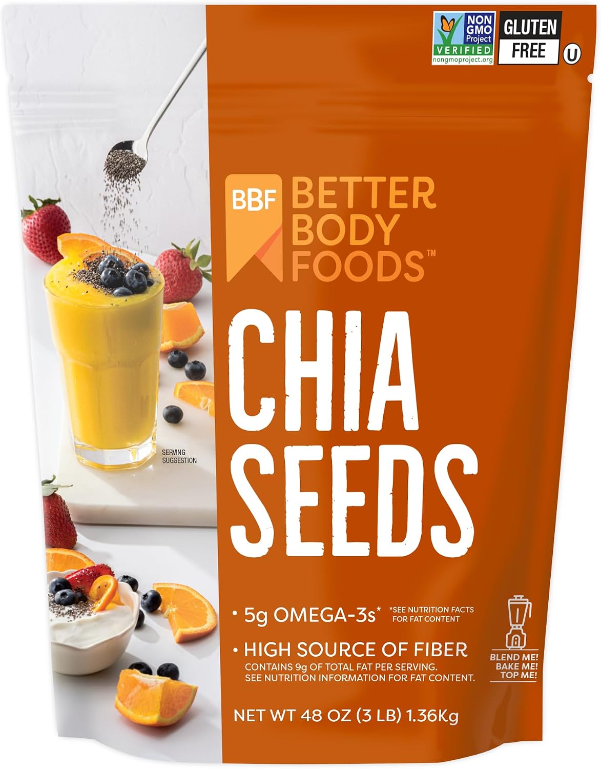 BetterBody Foods Chia Seeds 3 lbs, 48 Oz, with Omega-3, Non-GMO, Gluten Free, Keto Diet Friendly, Vegan, Good Source of Fiber, Add to Smoothies